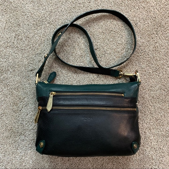 PERLINA Black Green PEBBLE Grained LEATHER 3 Zipper CROSS BODY Safari PURSE Bag